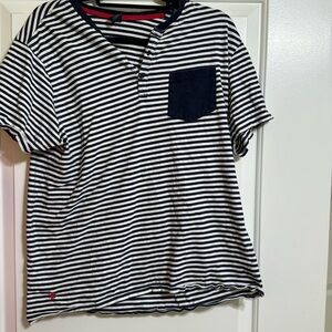 Navy Blue & White Striped Polo Shirt